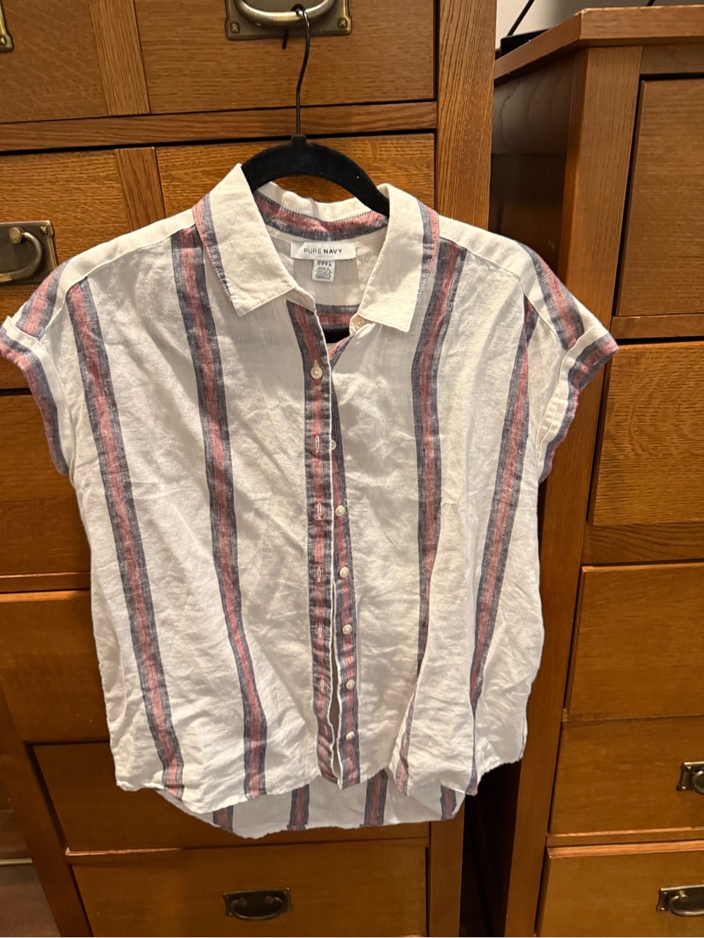 Pure Navy White Short-Sleeve Button-Up Shirt with Navy & Red Stripes